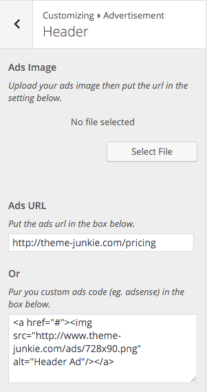 SiteBox Customizer Header Ads