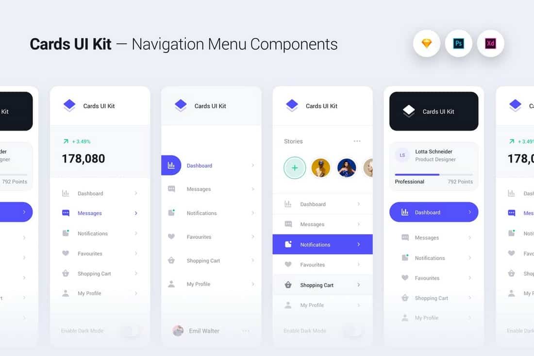 Cards UI Kit - Navigation Menu Components Widgets