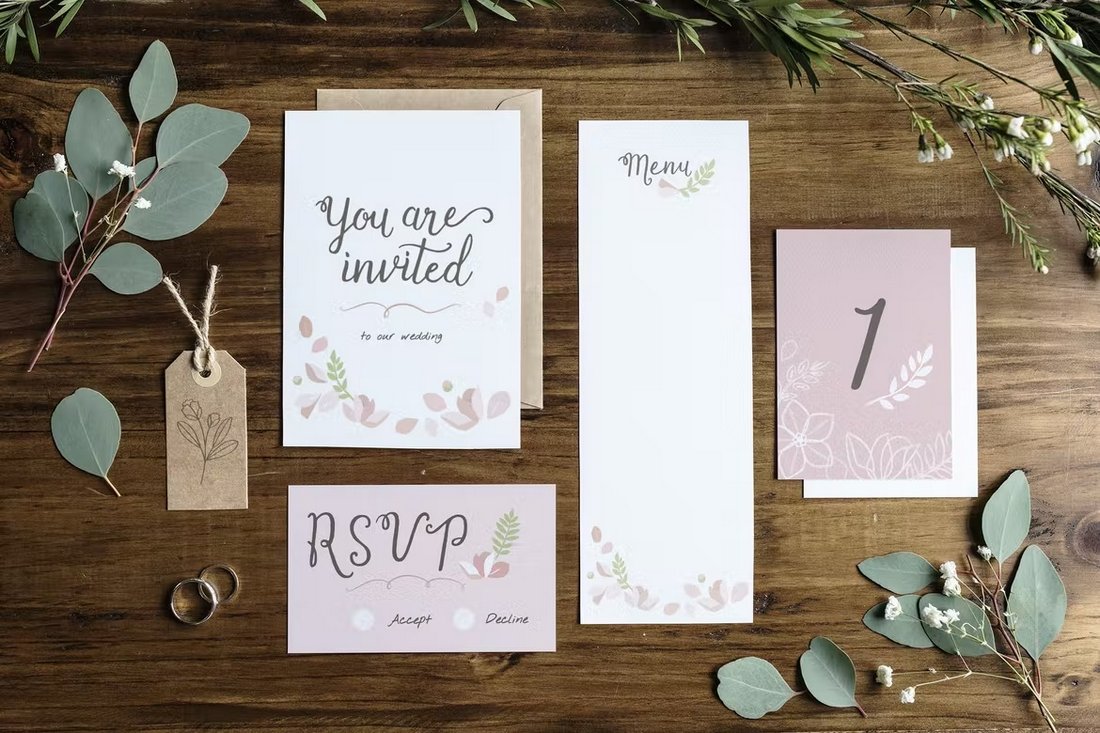 Flatlay floral wedding invitation mockup