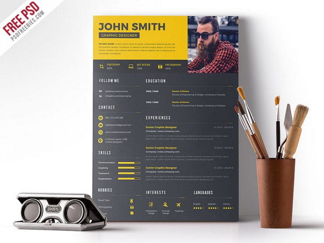 Free Dark Resume Template for Designers PSD