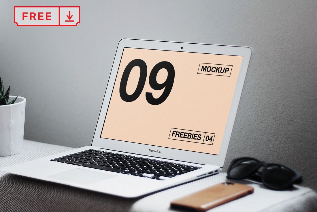 Free MacBook Air on Table Mockup