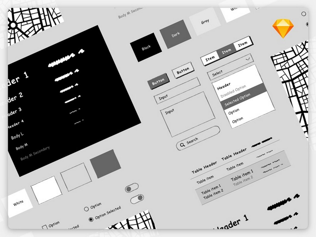 Free Monochrome Wireframe Kit for Sketch