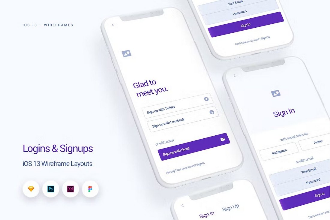 Logins & Signups - iOS 13 Figma Mobile Wireframe Kit