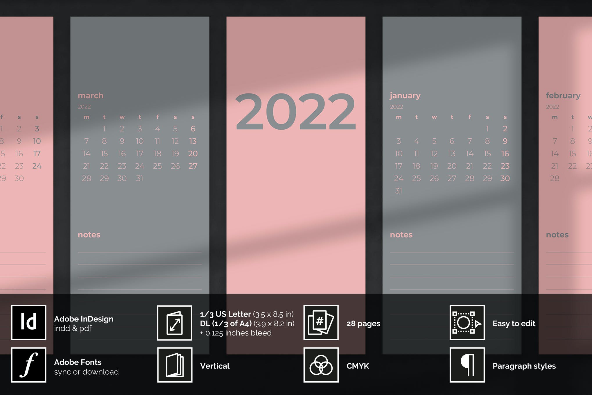 Pink and Gray 2022 Monthly Calendar Template