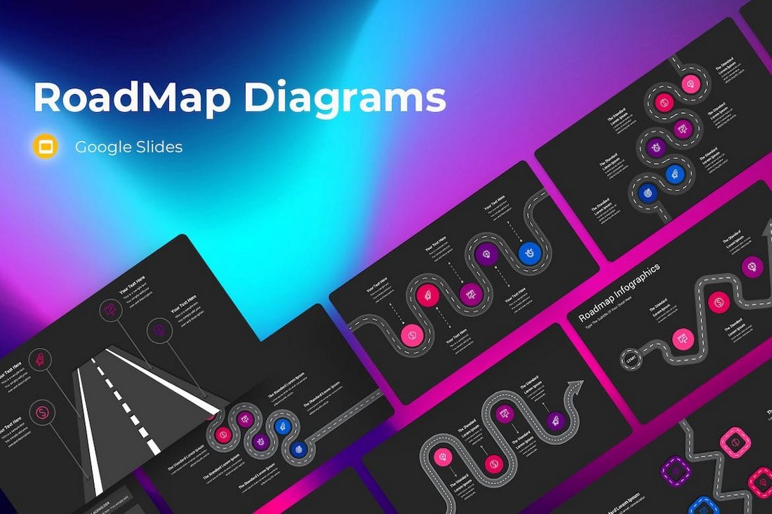 RoadMap Diagrams Dark Google Slides Template