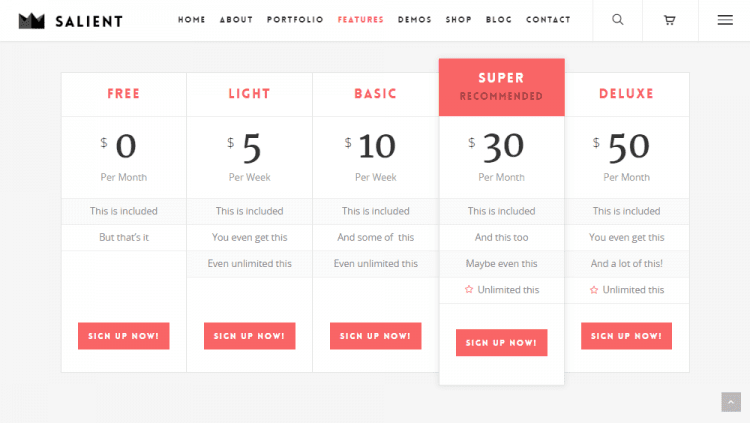 Salient WordPress Theme Review Pricing Tables