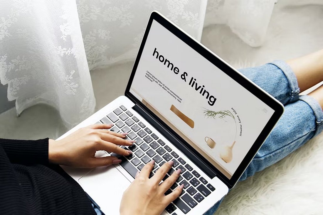 Woman Using Laptop Mockup Template