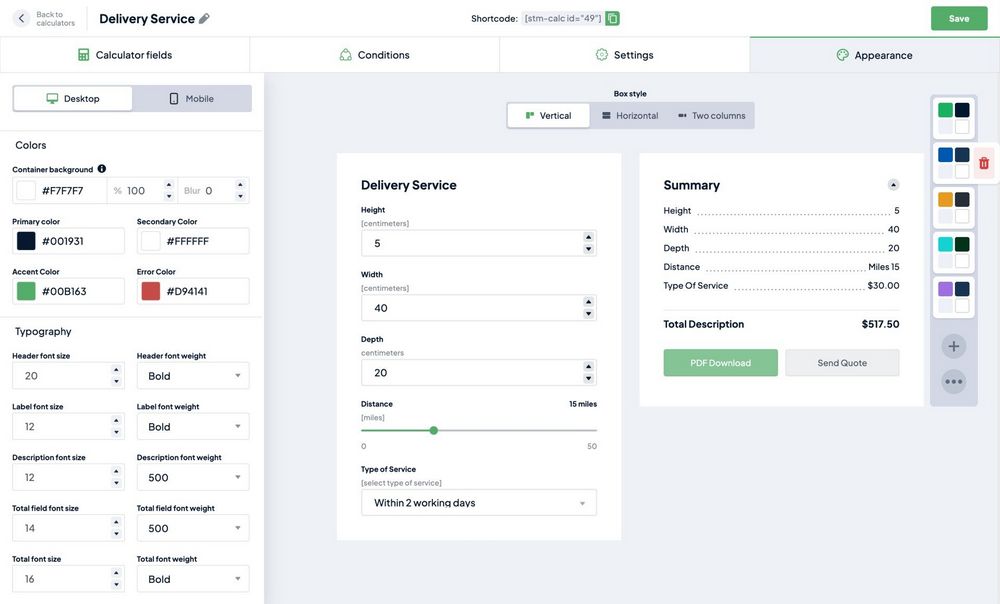 cost calculator customize