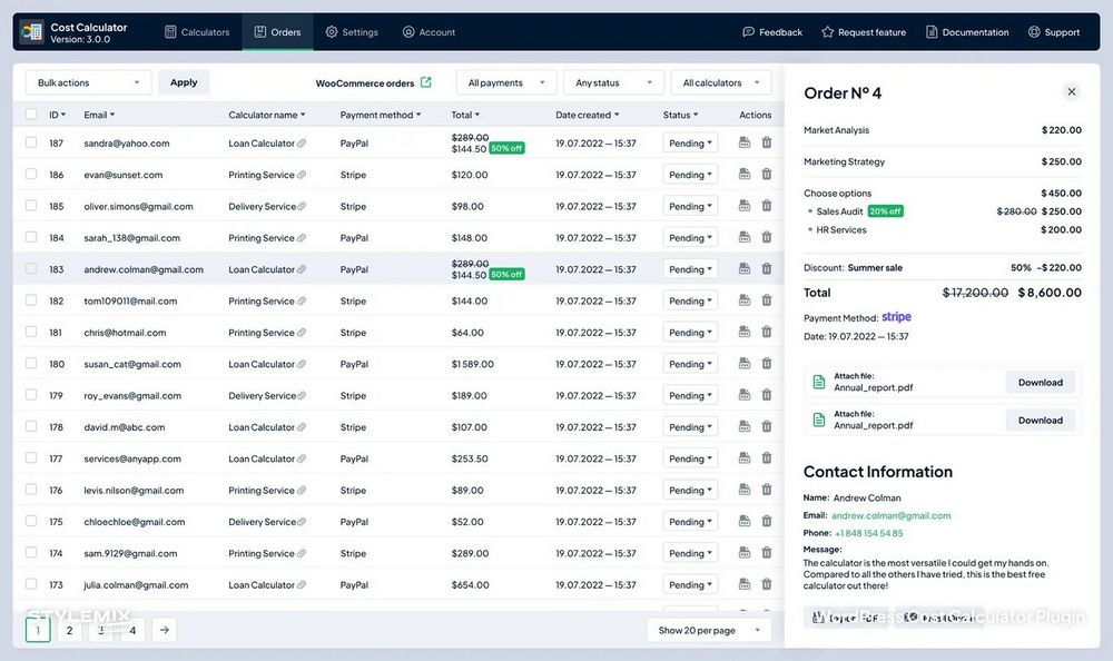 cost calculator dashboard