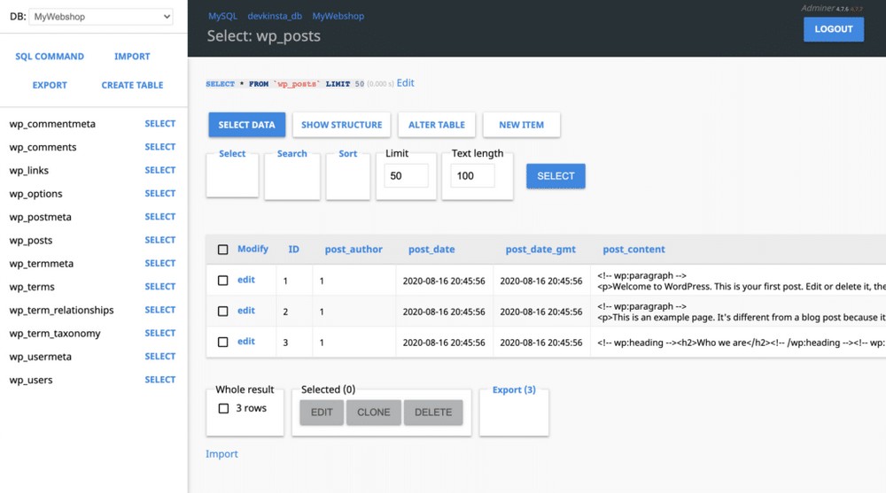 devkinsta manage database