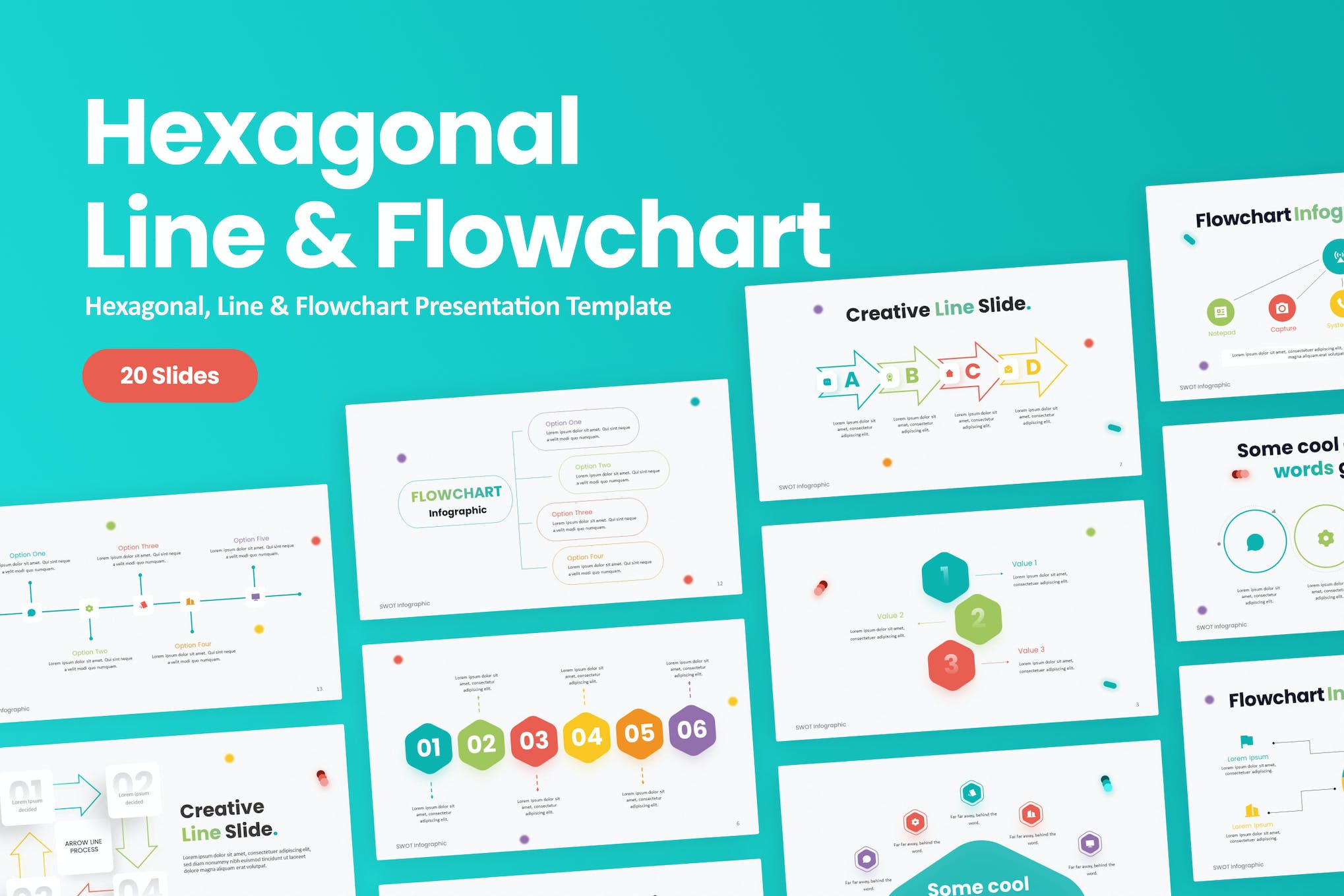 Hexagonal Line Flowchart PowerPoint Template