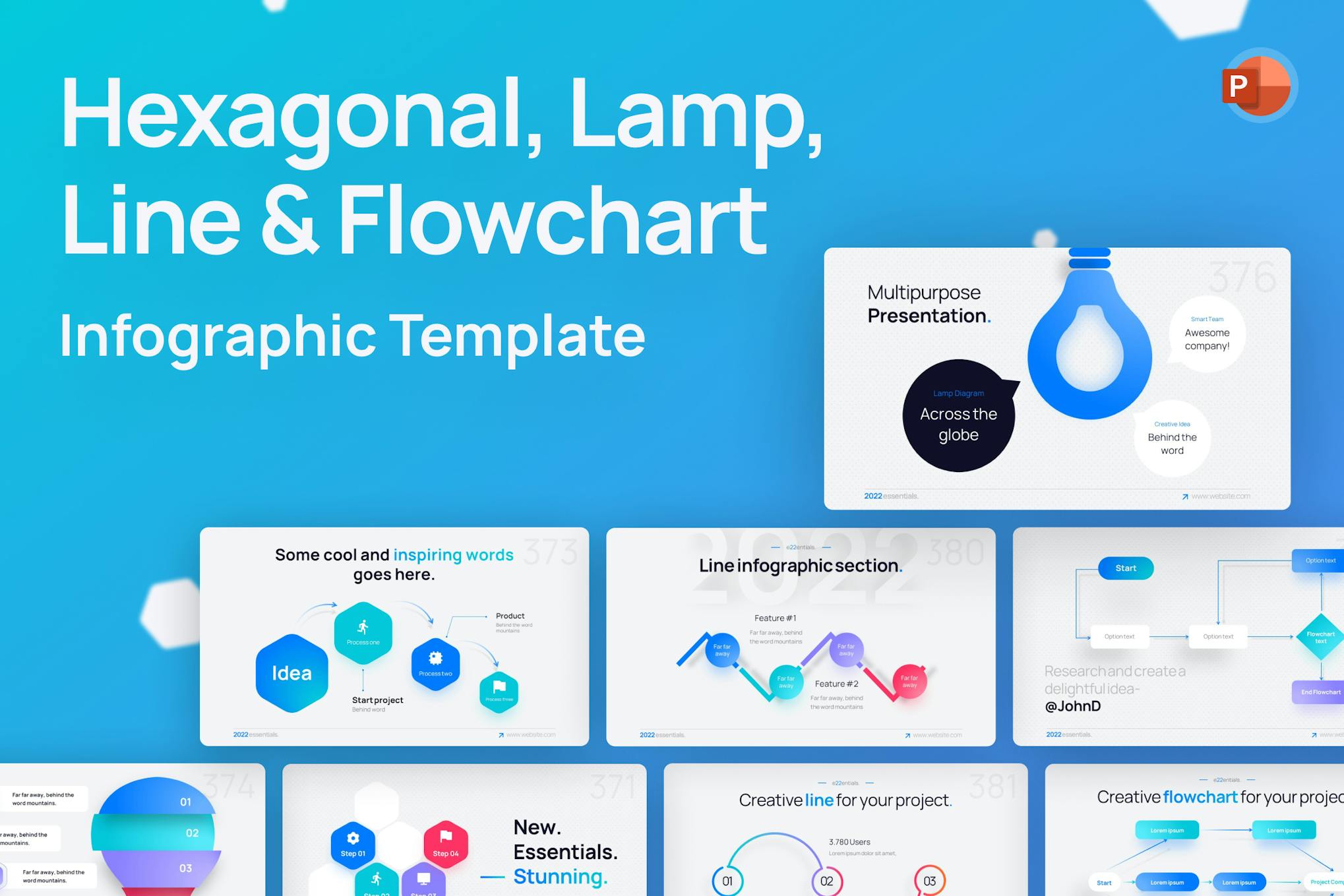 Hexagonal Line Flowchart PowerPoint Template