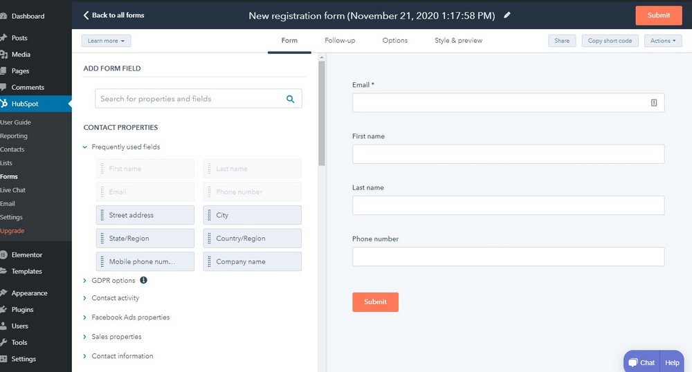 install hubspot create form