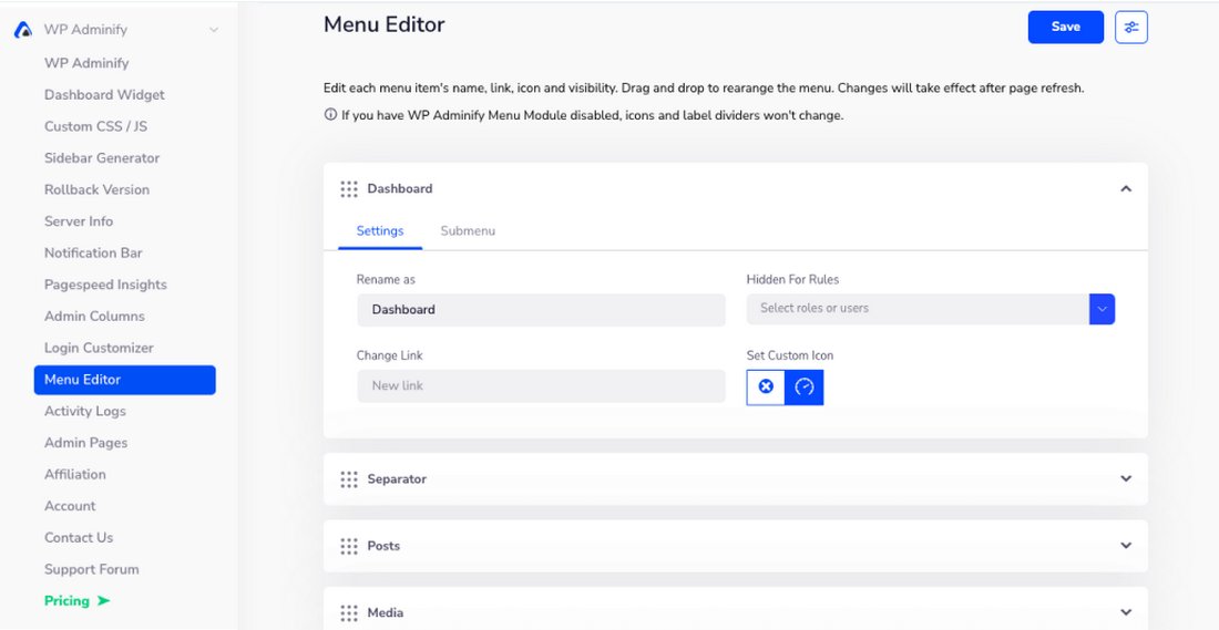 wp adminify menu editor